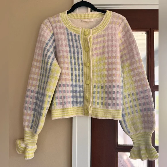 LoveShackFancy $475 Keoni Button Down Cardigan Sweater, Mint Jelly Small plaid - Picture 3 of 9